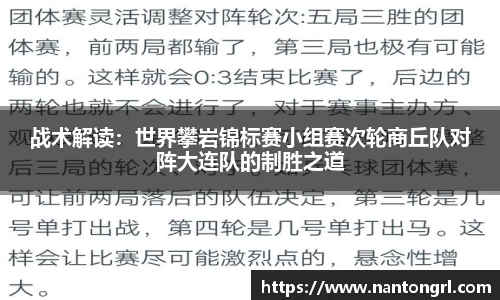 战术解读：世界攀岩锦标赛小组赛次轮商丘队对阵大连队的制胜之道